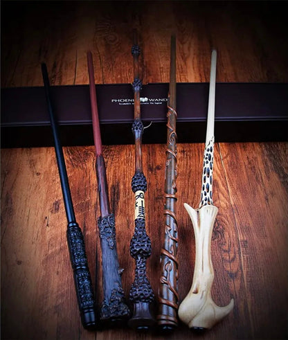 Harry Potter Magic Fireball wand collection with five ornate wands in black, burgundy, brown and ivory finishes.