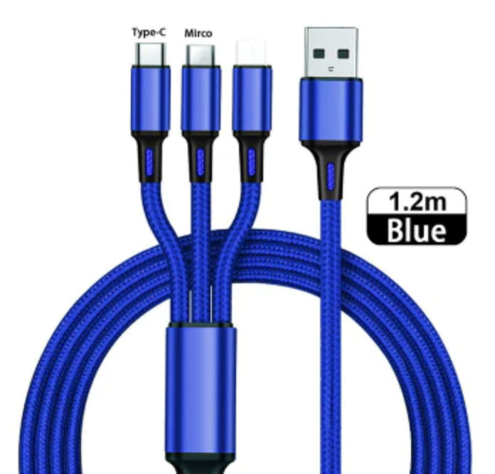 USB Charger Cable 3 in 1 - Iphone, USB-C, Micro USB